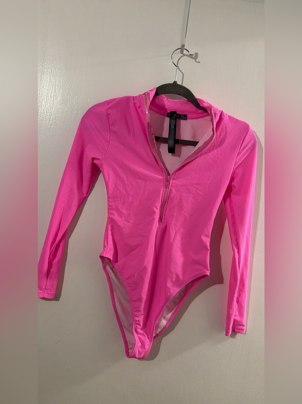 Boohoo Bright Pink Zip-Front Long Sleeve swimsuit